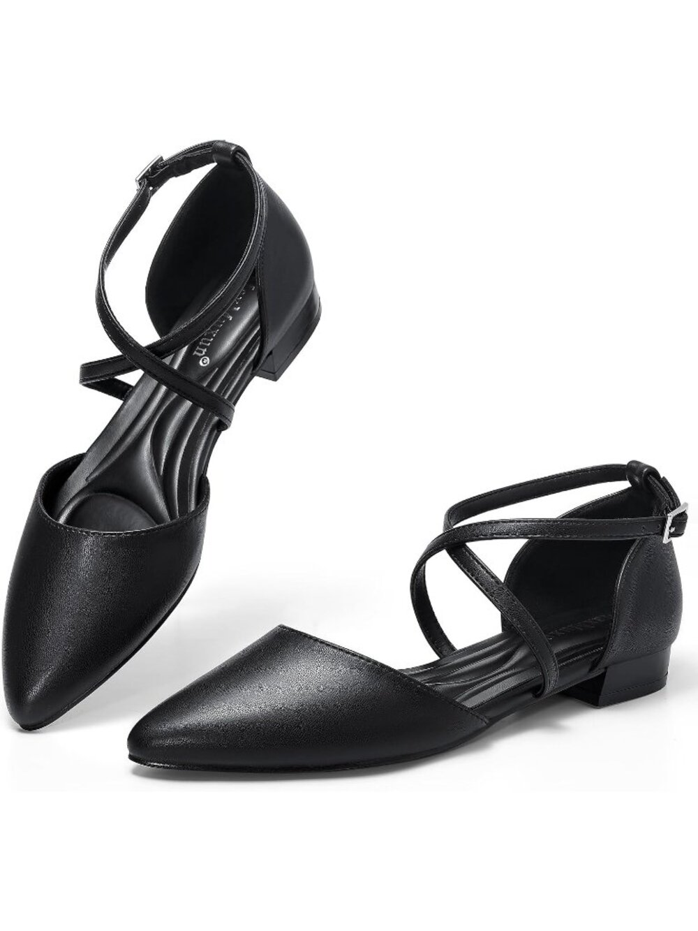 🆕Women's Black Pointed Toe Low Heel Flats Crisscross Ankle Strap Dress Shoes
